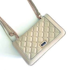 BADGLEY MISCKA Cream Vegan Leather Quilted Crossbody Studded Gold Chain Hardware